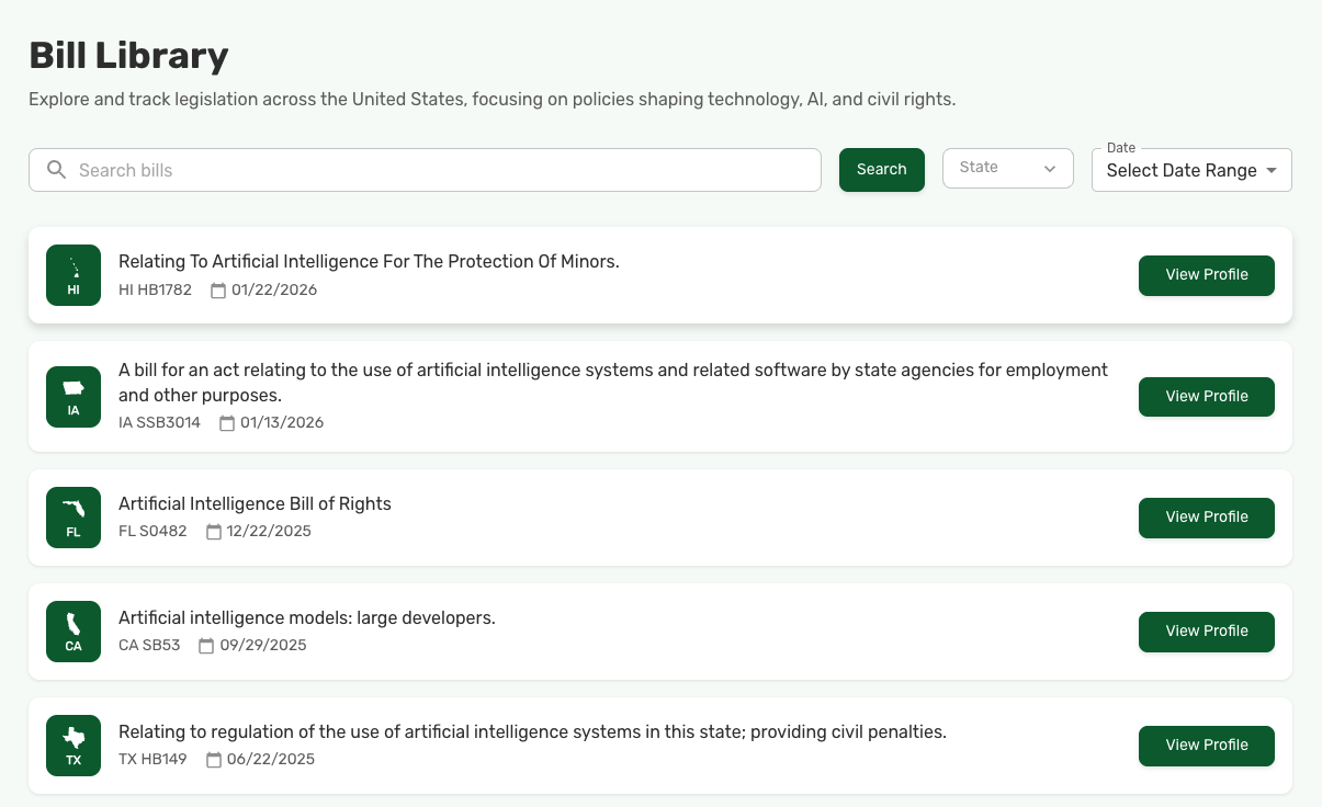bill library page listing bills with profiles
