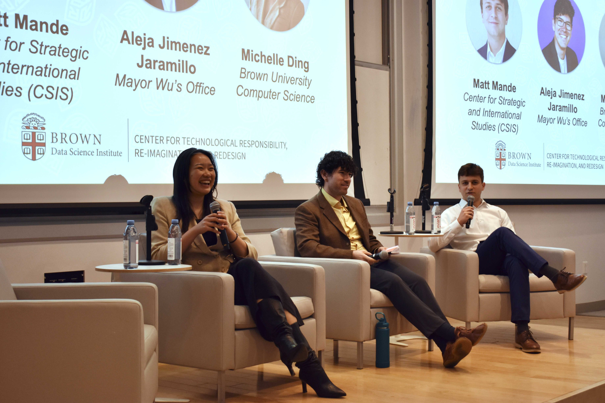 Panelists Michelle Ding, Aleja Jimenez Jaramillo, and Matt Mande (left to right) answering audience questions. 