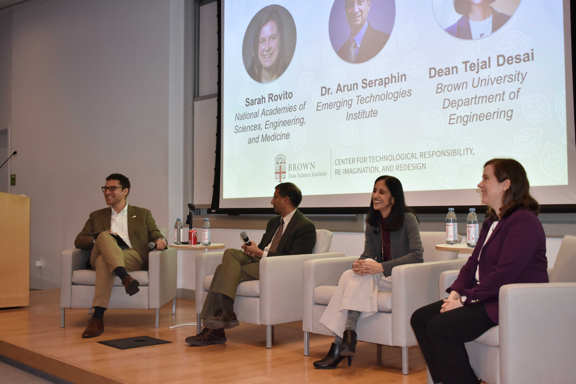 Moderator Terren Wise alongside panelists Dr. Arun Seraphin, Dean Tejal Desai, and Sarah Rovito (left to right) listening to an audience question. 