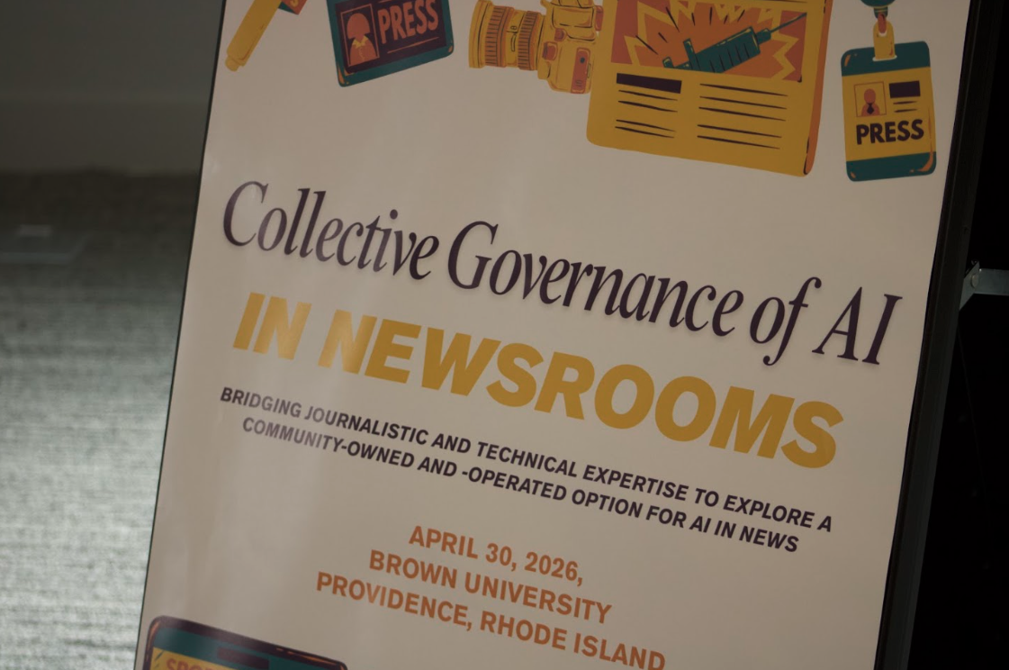 Poster for “Collective Governance of AI in Newsrooms” event, held at Brown on April 30, 2026