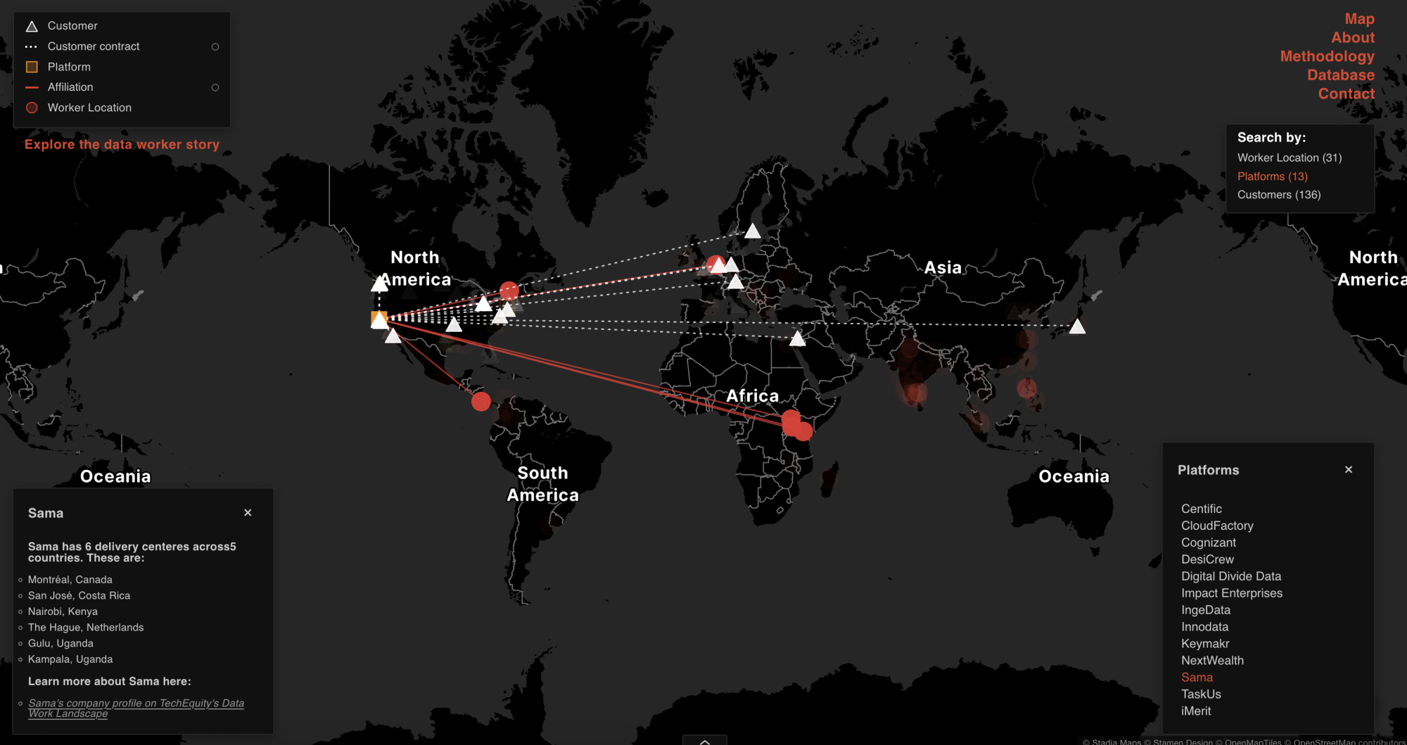 Each node is connected to other nodes on its supply chain and explained with more details on the pop-up window. Red/circle = worker location; yellow/square = DAL platform; white/triangle = company customers that contract DAL services. The distribution of nodes suggests global power relations.